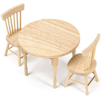 1/12 Miniature Dollhouse Round Table and 2 Chairs Dining Set, Mini Wooden Unpainted Burlywood Barbie Kitchen Furniture Accessories