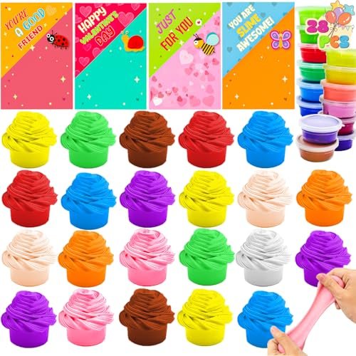 28pcs Valentine's Day Cards with Butter Slime for Kids, Playdough Modeling Clay for School Classroom Exchange Gift Party Favor Prizes