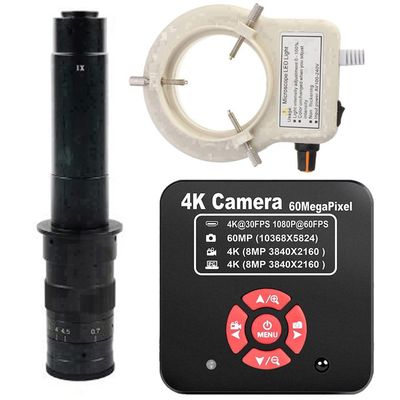 20205 NEW 4K 60MP HDMI USB TF Industrial Video Microscope Camera For Phone PCB Repair & 300X C-Mount Lens With 56-LED Adjustable Ring Light