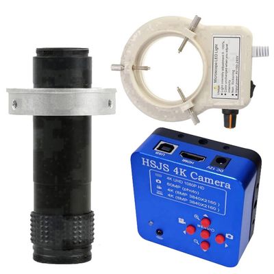 20205 HSJS 4K 60MP HDMI USB Industrial Video Microscope Camera For Phone PCB Repair & 120X C-Mount Lens With 56-LED Adjustable Ring Light