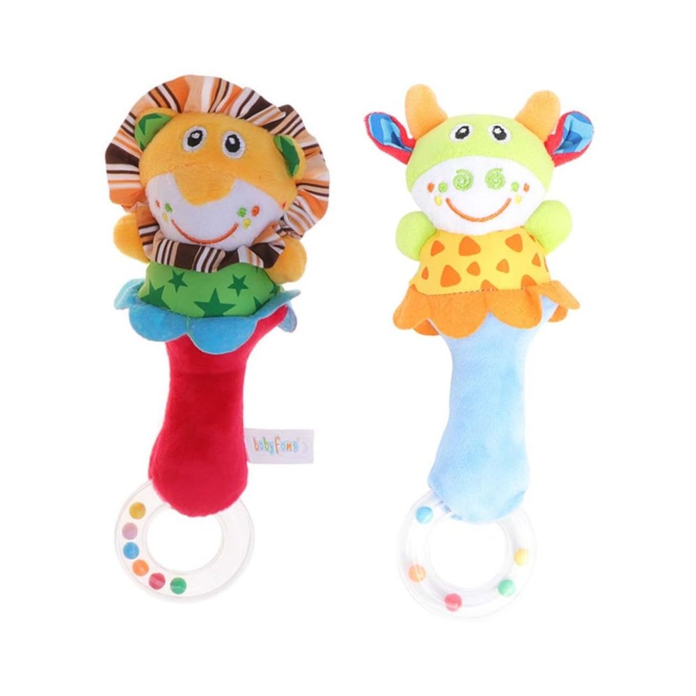 CIYODO 2pcs Plush Rattles Soft Cartoon Animal Ring for Newborns Sensory Development Hand-Eye Coordination