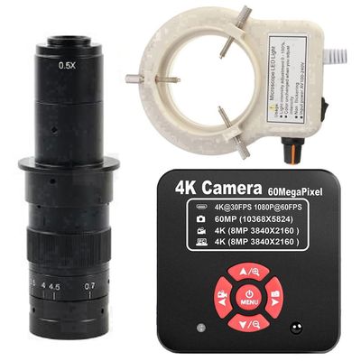 20205 NEW 4K 60MP HDMI USB TF Industrial Video Microscope Camera For Phone PCB Repair & 180X C-Mount Lens With 56-LED Adjustable Ring Light