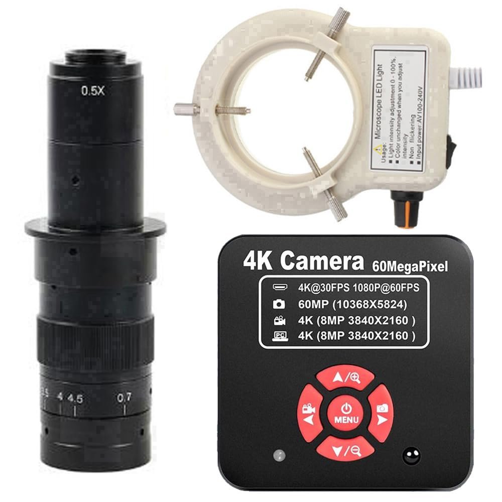 20205 NEW 4K 60MP HDMI USB TF Industrial Video Microscope Camera For Phone PCB Repair & 180X C-Mount Lens With 56-LED Adjustable Ring Light