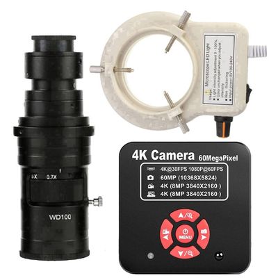 20205 NEW 4K 60MP HDMI USB TF Industrial Video Microscope Camera For Phone PCB Repair & 200X C-Mount Lens With 56-LED Adjustable Ring Light