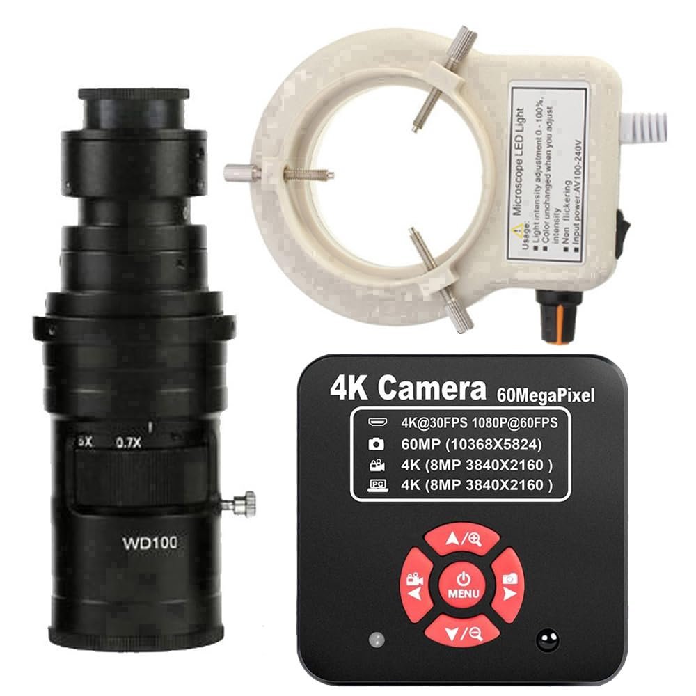 20205 NEW 4K 60MP HDMI USB TF Industrial Video Microscope Camera For Phone PCB Repair & 200X C-Mount Lens With 56-LED Adjustable Ring Light