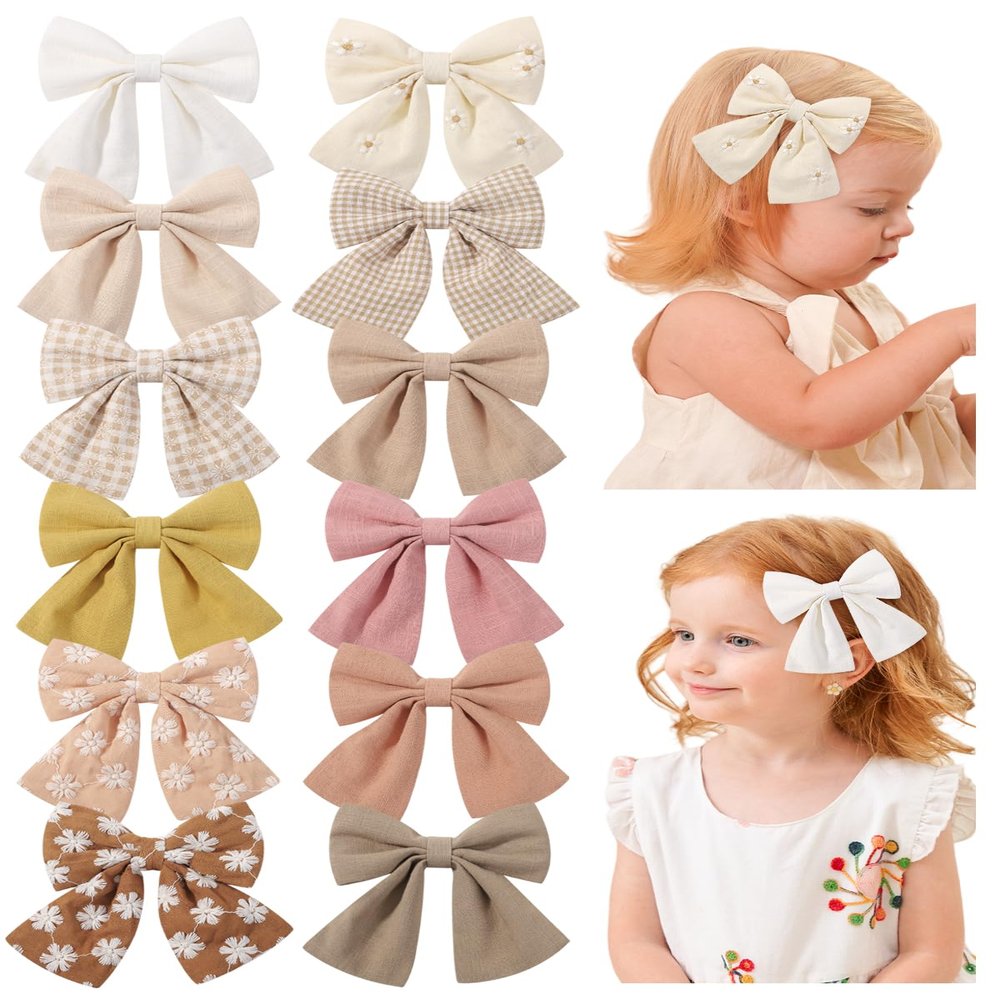 12PCS Baby Girls Hair Clips Fable Hair Bows Cotton Linen Bows for Girls Hair Accessories for Baby Toddlers Kids Neutral Color