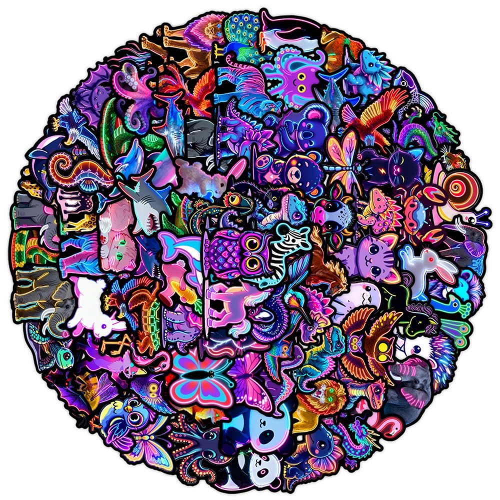 100 Cute Animal Stickers for Water Bottles & Laptops  Neon Rainbow Wildlife, Ocean, Birds, Dinos & Fantasy  Waterproof Glossy PVC, Strong Adhesive  22.4 inch Vinyl Decals, No Repeats