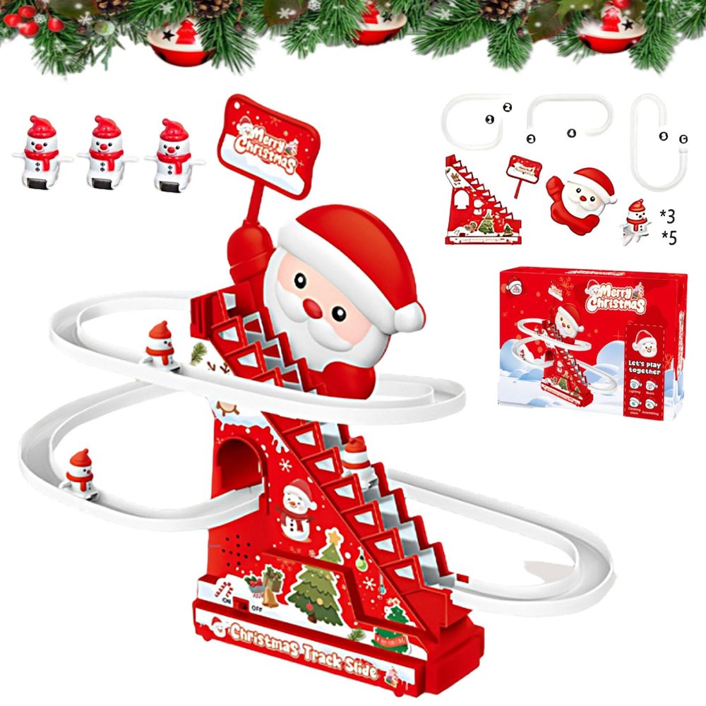 Animated Christmas Tree Ski Slope, Musical Gingerbread Ski Slope, Electric Santa Climbing Slide Track with LED Lights & Music, with 3/5 Characters (with 3 Characters)