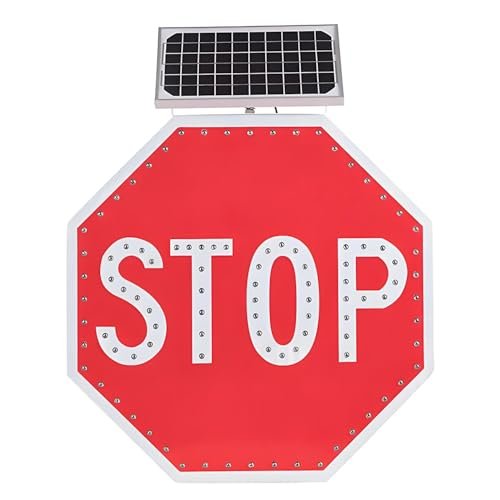 Solar-Powered LED Stop Sign - 24" Reflective Aluminum Octagon Traffic Sign for Road Safety, Construction, Parking Lot - Flashing Warning Light, Durable & Weather-Resistant