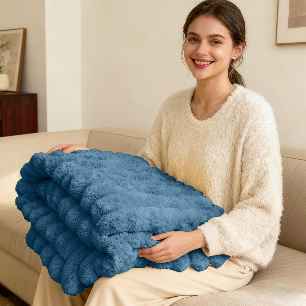 Thickened Rabbit Plush Nap Bunny Blanket for Adults, 2025 New Flannel Milk Velvet Cover Blanke, Sofa Cover Blanket Office Single Person Nap for Couch Chair Bed Sofa (Blue, 70x100CM/27.56x39.37Inch)