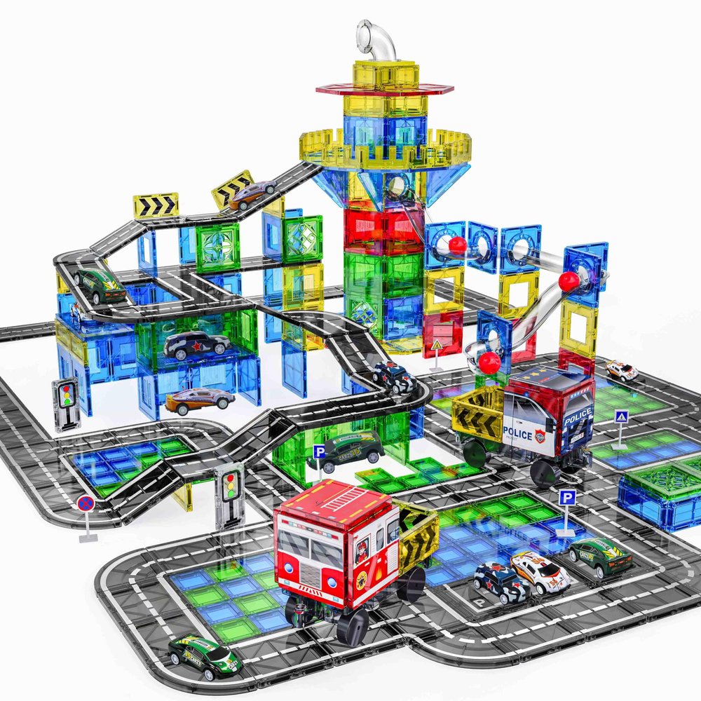 150PCS Magnetic Tiles Road Set with Marble Run, Preschool Magnet Tiles Included Magnetic Cars. STEM Magnetic Tiles for Kids, Preschool Educational Building Toys for Boys & Girls