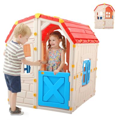Costzon Outdoor Playhouse, Kids Cottage Clubhouse with Openable Windows & Door for Indoor Room, Garden and Backyard, Childrens Play Set for Pretend Play (Red & Blue)