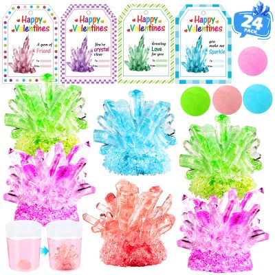 24 Pack Valentines Day Crystal Growing Science Kits for Kids, Classroom Exchange Gifts with Cards, School Valentines Day Activities