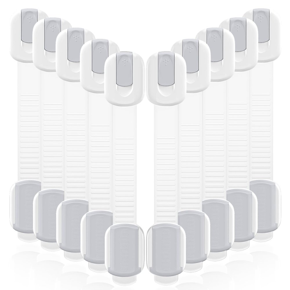 10 Pack Cabinet Locks Baby Proofing, Child Proof Cabinet Locks with 3M Adhesive - Easy Installation with Adjustable Straps, Multi-Purpose Child Safety Latches for Drawers Fridge Trash Cans White-Gray