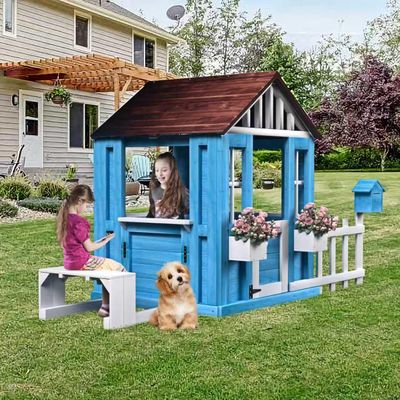 AWUCRSI Outdoor Playhouse, Wooden Kids Play House w/Picnic Bench, Half Door, Windows, Mailbox, Fence, Flowerpot Holders, Cottage Playhouse for Backyard, Garden, Lawn, Patio, Gift for Boys Girls