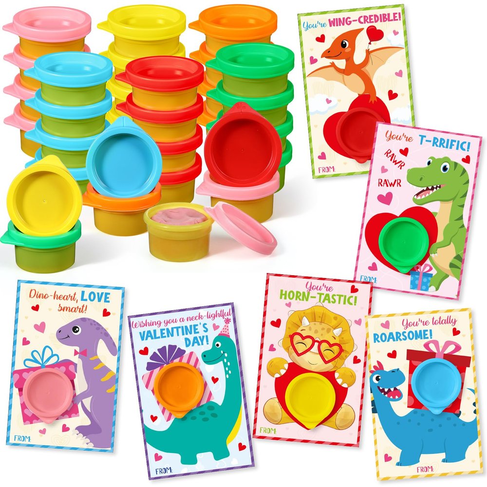 Seenelling 24 Sets Valentine's Day Modeling Clay with Cards Mini Modelings Dough Bulk Valentine Gifts for Kid Valentines Goodies Bag Filler Classroom Gift Exchange Party Favor(Dinosaur)