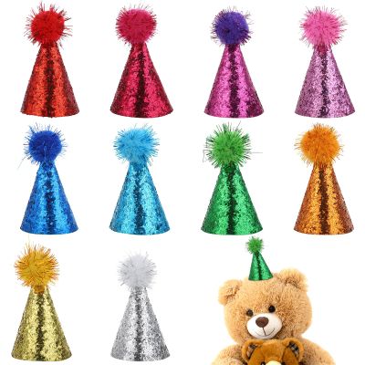 10 PCS Mini Birthday Party Hats with Pom Poms, Mini Cone Hats with Glitter for Stuffed Animals Toys Birthday, Christmas, Wedding, Holiday Celebrations, Colorful Party Hats for Pets and Stuffed Animals