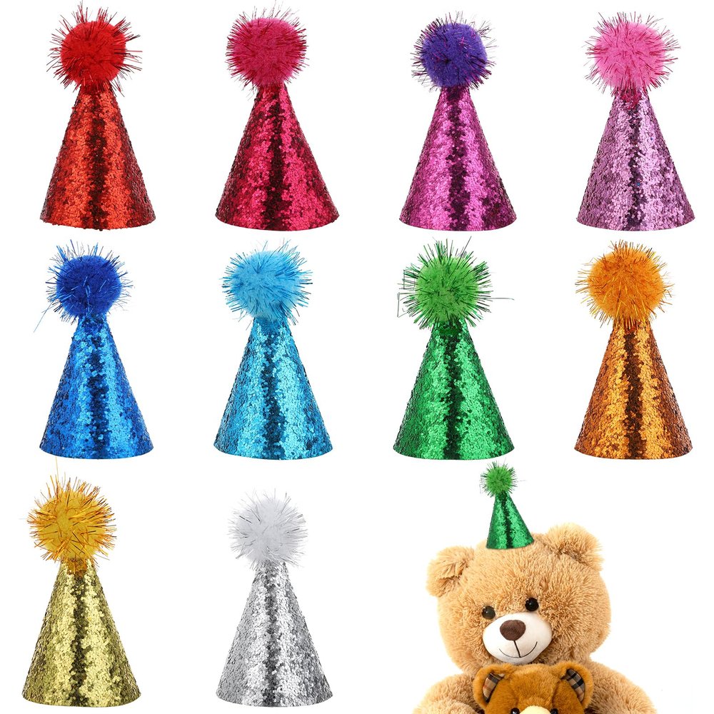 10 PCS Mini Birthday Party Hats with Pom Poms, Mini Cone Hats with Glitter for Stuffed Animals Toys Birthday, Christmas, Wedding, Holiday Celebrations, Colorful Party Hats for Pets and Stuffed Animals