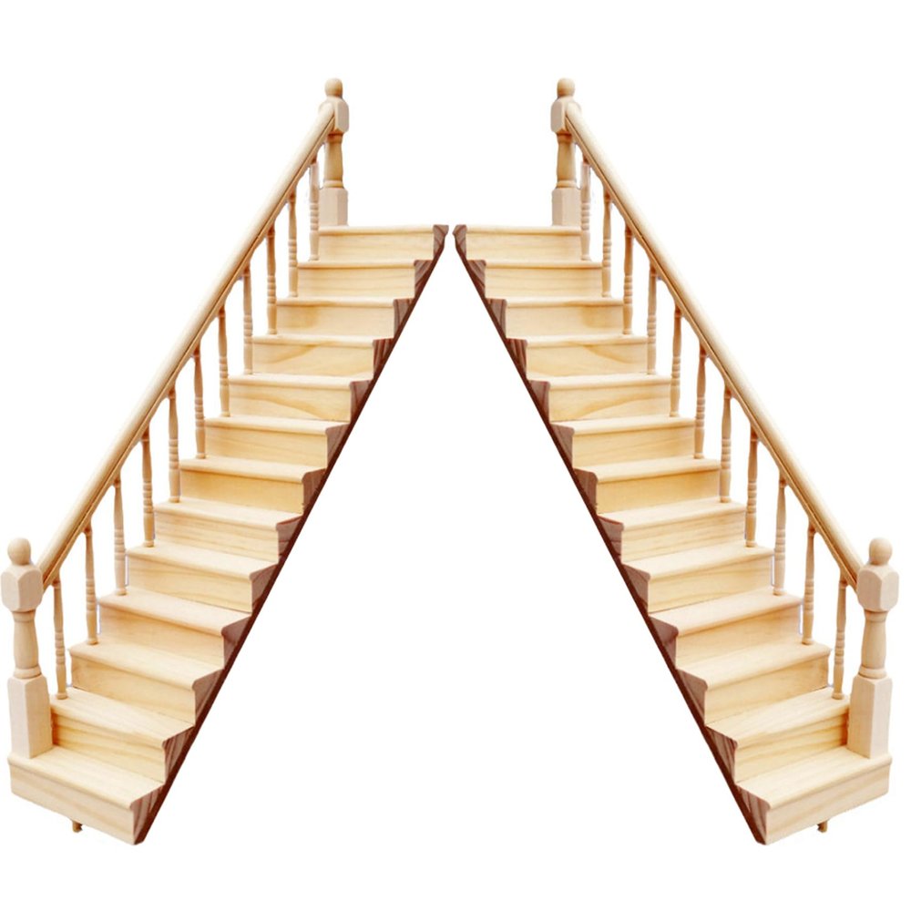 2Pcs 1 12 Scale Dollhouse Furniture, Wooden Miniature Stairs Dollhouse Furniture Right and Left Armrest Handrail DIY Unpainted Staircase for Accessories...