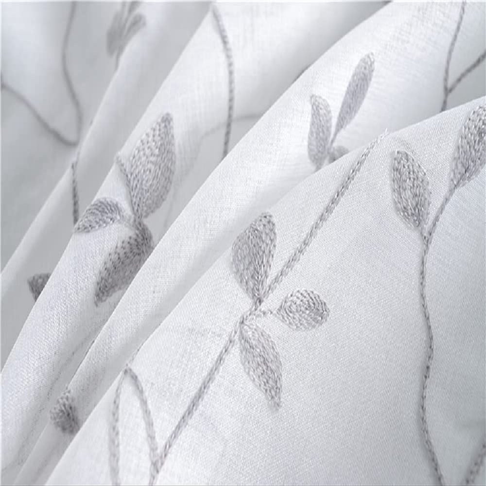 HooHero Grey Nordic Beautiful Floral Embroidery Design Semi Gauze Sheer Curtains Home Decoration for Living Kids Nursery Room Bedroom