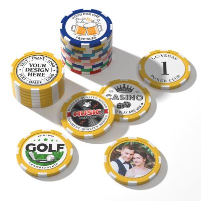 50Pcs Custom Clay Chips 40mm - Double-Sided Full-Color Printing, Personalized Logo/Text/Images for Poker, Casino Nights, Business Promotions, Weddings, Kids Rewards and Corporate Gifts (Yellow)