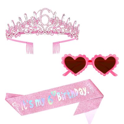 ACO-UINT 6nd Birthday Crown & Sash Set for 6 Year Old Girl - Pink Rhinestone Crown, Glitter Sash & Heart Sunglasses, Birthday Party Accessories