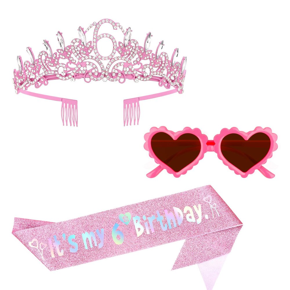 ACO-UINT 6nd Birthday Crown & Sash Set for 6 Year Old Girl - Pink Rhinestone Crown, Glitter Sash & Heart Sunglasses, Birthday Party Accessories