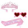 ACO-UINT 6nd Birthday Crown & Sash Set for 6 Year Old Girl - Pink Rhinestone Crown, Glitter Sash & Heart Sunglasses, Birthday Party Accessories view 1