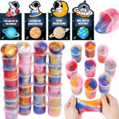 28 Pack Valentines Day Gifts for Kids School Classroom - Galaxy Slime Stress Relief Fidget Toys with Valentines Day Cards, School Classroom Exchange, Valentines Class Party Favors