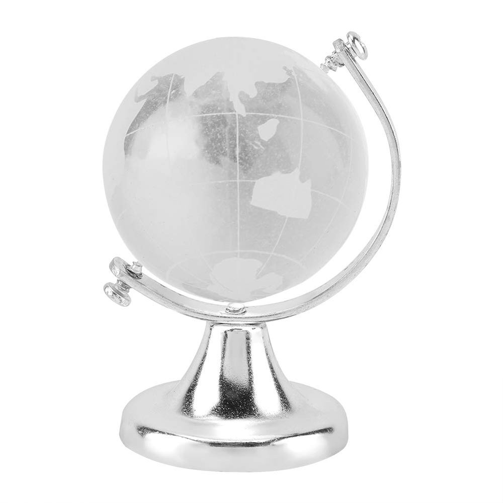 Crystal Glass Globe, Round Earth Globe 6.5x4cm/2.56x1.57in World Map Crystal Glass Ball Sphere with Stand Base for Home Office Decoration (Silver)