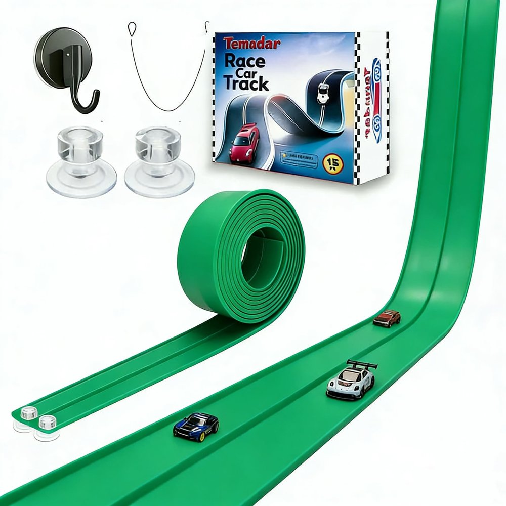 Tenndar Flex Track 15 Ft Starter Set Flexible Race Car Ramp Track for Kids, Double-Sided Racetrack for 1:64 Diecast Cars, Compatible with Hot Wheels, Ages 3 & Up with Suction Cups (Green)