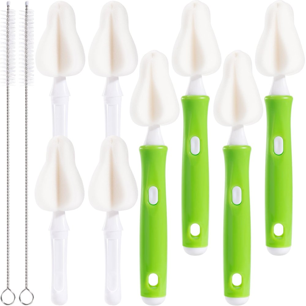 10 Pcs Sponge Bottle Nipple Brushes,4 Sponge Nipple Brushes for Baby Bottles, 4 Replacement Heads and 2 Pcs 7.87" Straws for Cleaning,Green