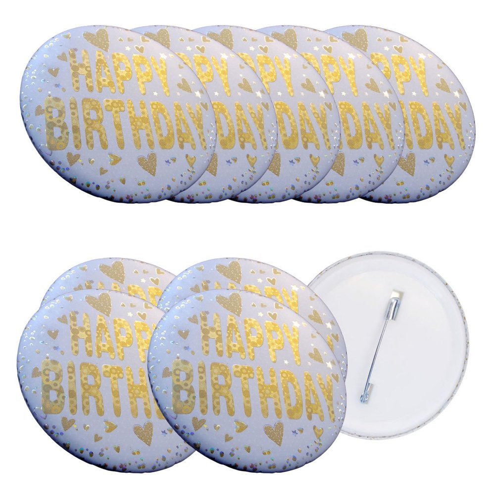 10P Happy Birthday Badge Laser Party Emblem Metal and Plastic for Women Couple Clothes Hat Bag Funny Accessory (Gold)