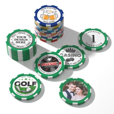 50Pcs Custom Clay Chips 40mm - Double-Sided Full-Color Printing, Personalized Logo/Text/Images for Poker, Casino Nights, Business Promotions, Weddings, Kids Rewards and Corporate Gifts (Green)