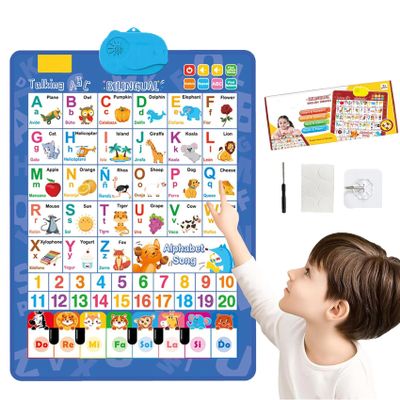 2025 New Talking Wall Chart for Kids, Electronic Alphabet Wall Chart, English & Spanish Learning Poster with Songs, ABCs, Numbers, Animal Words & Piano, for Toddlers 16 (Blue)