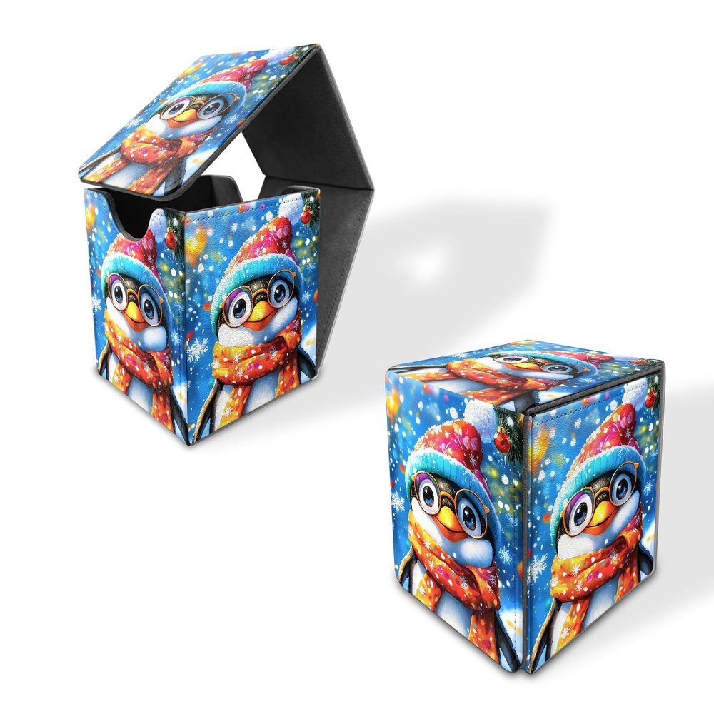 ETLKJVBL for Mtg Deck Box, Portable Protective Organizer for Mtg Card Sleeves, Festive Penguin in Winter Gear Durable Trading Card Storage Box with Secure Storage