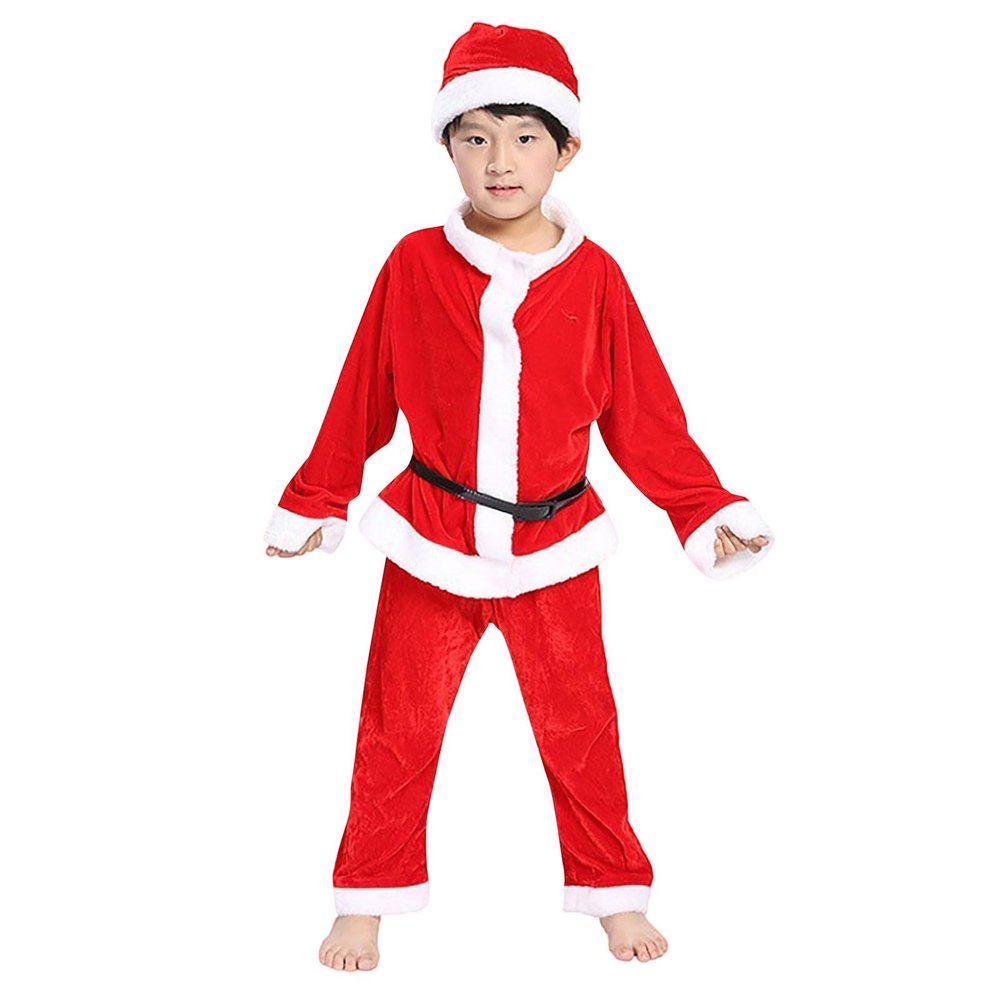 4pcs Boys Santa Outfit Kids Christmas Dress up Holiday Party Suit Plush Velvet Festival Xmas Clothes (Red, 10-11 Years)