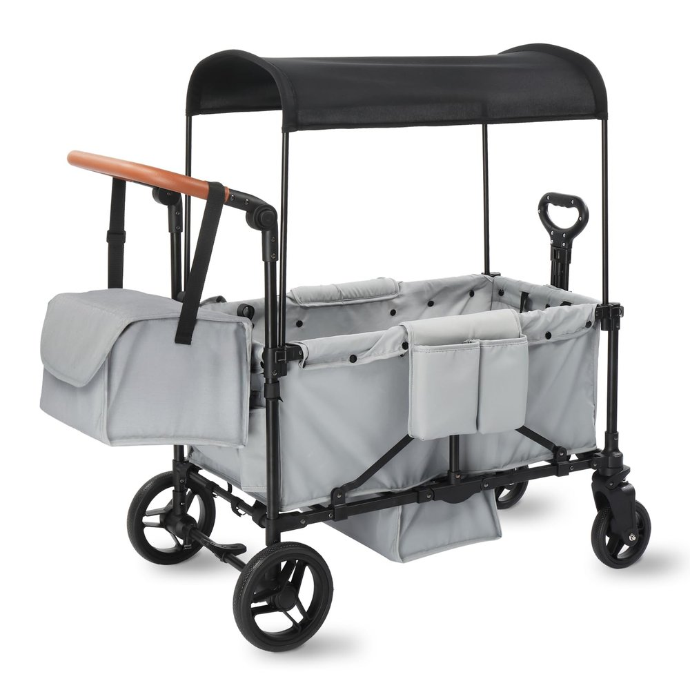 Stroller Wagon for 2 Kids, Foldable All Terrain Wagon for Kids, with Removable Canopy, Adjustable Push and Pull Handle, 5 Point Harnesses, Large Storage Bag