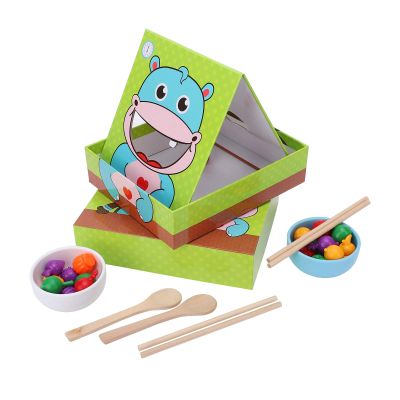 Aqur2020 Simulation Feeding Game Set with Chopsticks and Spoon, Wooden Educational Toy for Children Over 36 Months, 25 Food Toys in 5 Colors