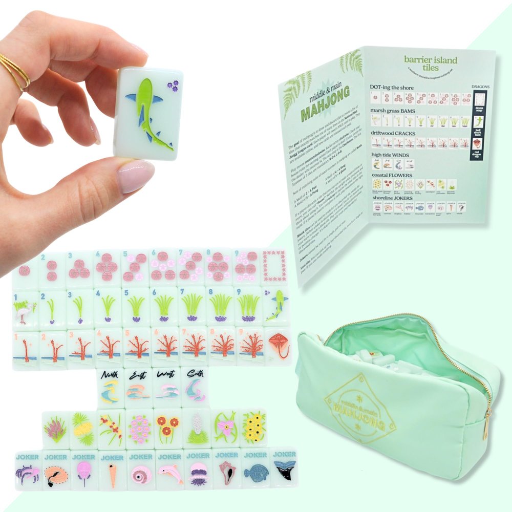 American Mahjong Set, Ocean Coastal Barrier Island Tiles, 160 Tiles, Includes Brochure and Embroidered Nylon Bag, Middle and Main Mahjong, Beautiful Quality Acrylic
