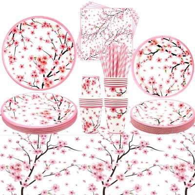 101 PCS Cherry Blossom Party Supplies Includes Plates, Napkins, Cups, Tablecloth, Straw for Japanese Party Decorations, Spring Theme, Baby Shower Birthday Party