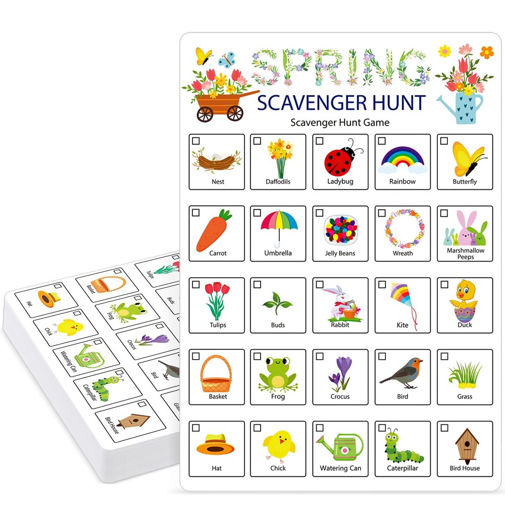 Hoolerry 30 Pcs Scavenger Hunt for Kids Road Trip Game Car Spring Summer Wedding Scavenger Hunt Cards Travel Activities Camping Games Outdoor Indoor Seek Activity for Kids Adults (Spring)