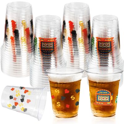 100 Pcs Casino Party Cups, 16 Oz Casino Plastic Cup Poker Clear Disposable Drinking Cups for Poker Game Night Themed Party Decoration Birthday Wedding Party Supplies