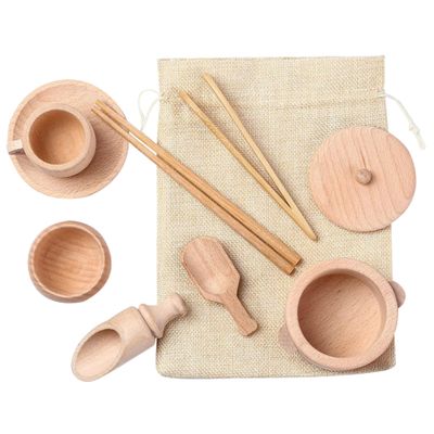 CAKEEYUM Sensory Bin Toys 9PCS/Set Wooden Sensory Bin Tools Fine Motor Learning Pretend Play Kitchen Tableware Toys for 3+ Years Kids Preschool Learning, Tools