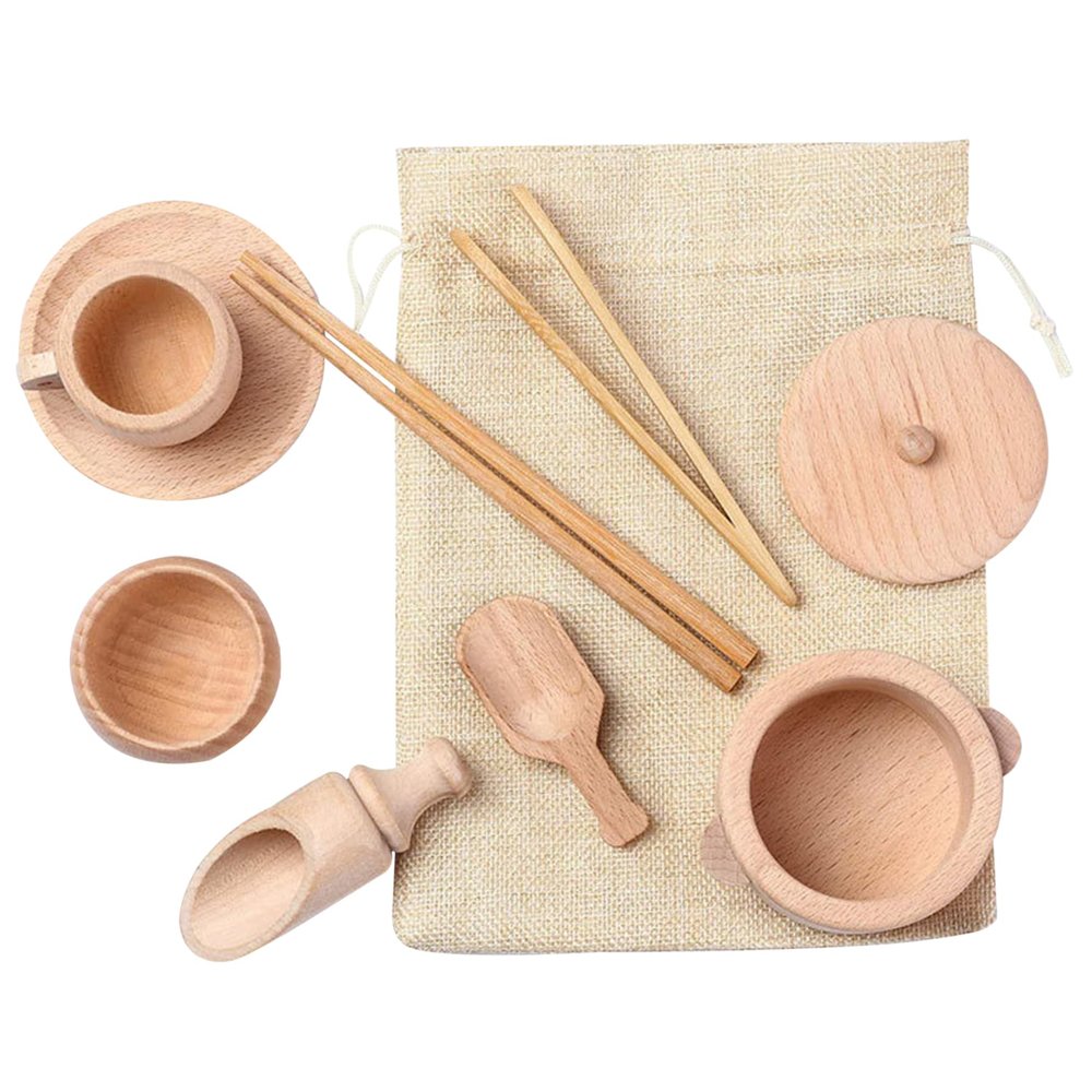 CAKEEYUM Sensory Bin Toys 9PCS/Set Wooden Sensory Bin Tools Fine Motor Learning Pretend Play Kitchen Tableware Toys for 3+ Years Kids Preschool Learning, Tools
