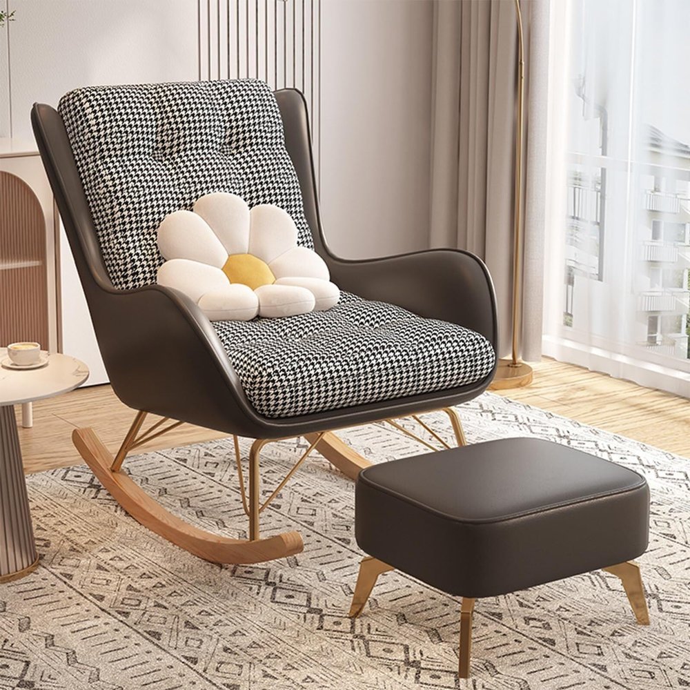 JKSVTF Upholstered Chair,Modern Rocking Chair,Upholstered Rocking Chairs with High Backrest and Armrests,Rocking Armchair for Living Room,Bedroom,Brown-One Size