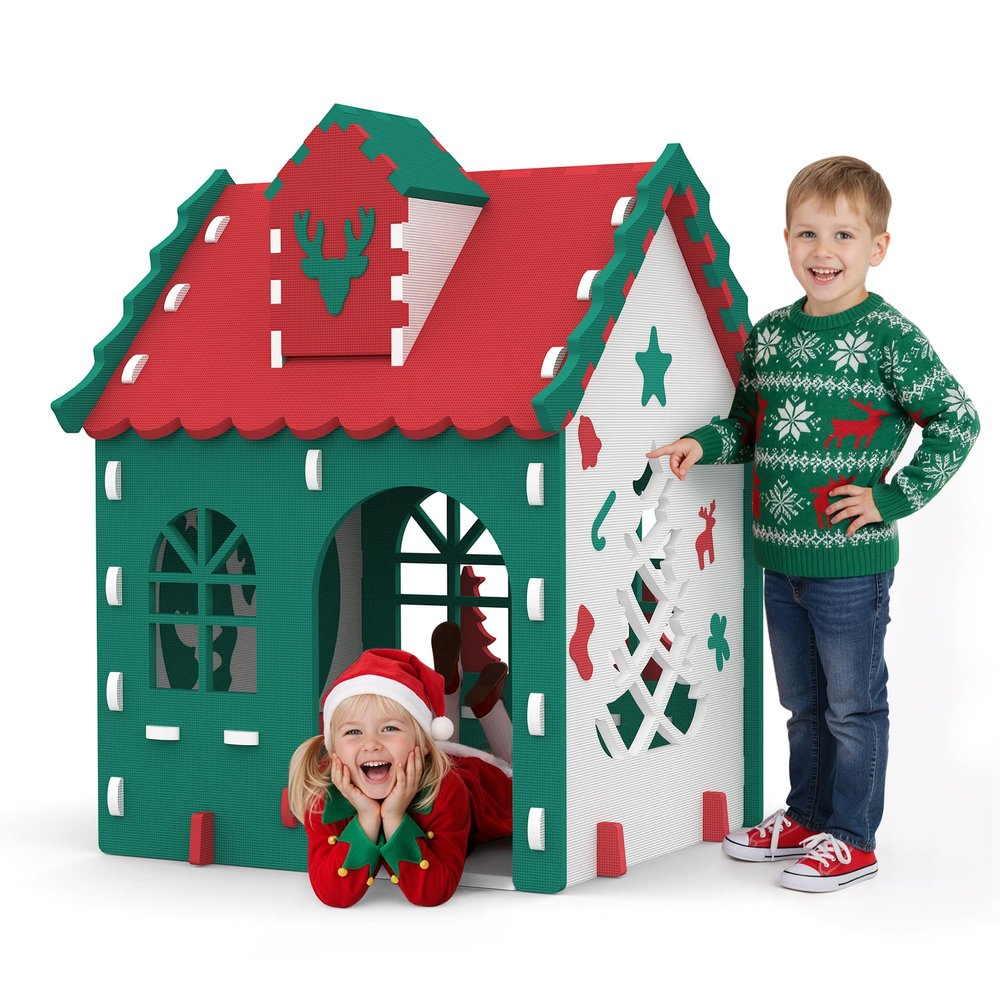 Kids Indoor & Outdoor Playhouse, Colorful Toddler Play Tent in Green, White & Red, Durable Food-Grade EVA Material, Easy Assembly & Lightweight, Interactive Kids Playhouse