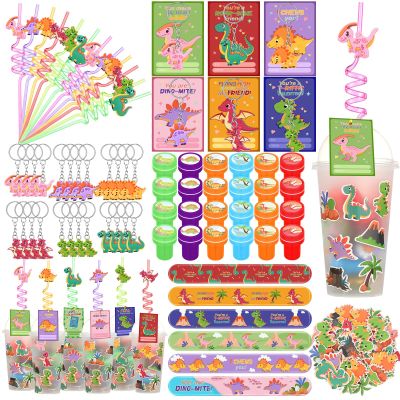 Jenaai 268 Pcs Valentines Day Gifts for Kids Dinosaur Valentines Day Cards 24 Pack Dinosaur Party Favors with Reusable Drinking Straws Cups Slap Bracelets Keychains Gift for School Prize Goodie Bag