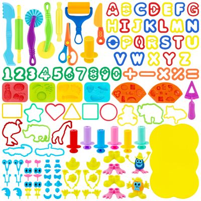 iShyan 130 PCS Dough Tools Set for Kids Ages 3-8,Includes Letter Number,Animal Shape Cutters,Roller,Rolling Pins,Safety Scissors,Plastic Knife,Character Accessories,Dough Mat,Storage Bag