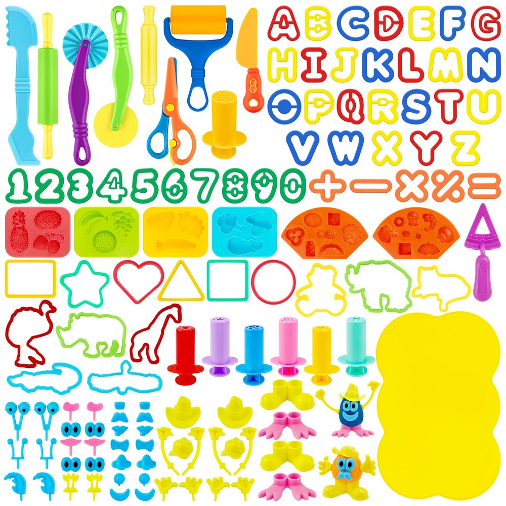 iShyan 130 PCS Dough Tools Set for Kids Ages 3-8,Includes Letter Number,Animal Shape Cutters,Roller,Rolling Pins,Safety Scissors,Plastic Knife,Character Accessories,Dough Mat,Storage Bag